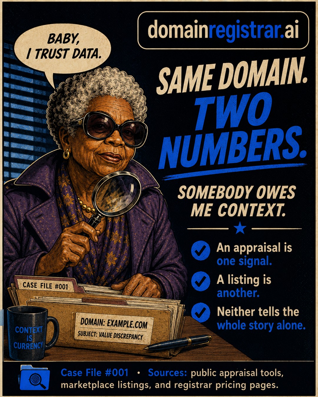 Case File #001, slide 2: Same domain. Two numbers. Somebody owes me context.