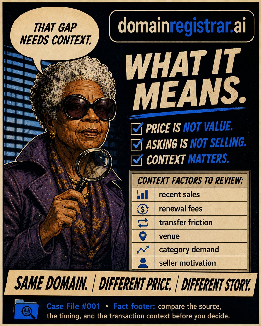 Case File #001, slide 4: What it means — price is not value; asking is not selling; context matters